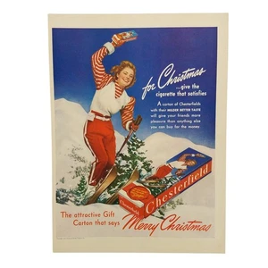 1940 Chesterfield Cigarettes Vintage Print Ad Gift Carton Woman Skiing - Picture 1 of 2