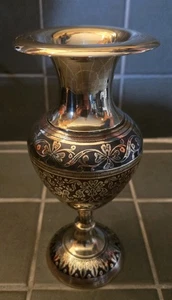 Pair Of Vintage Brass Enamelled Vases-engraved 6 Inch Beauties - Picture 1 of 3