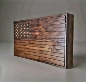 Walnut Concealed Handgun US Flag Cabinet Wall Mount w/ Hidden Lock - Picture 1 of 8