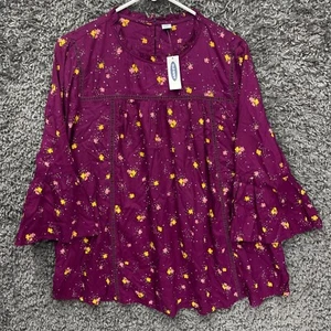 Old Navy Blouse Womens Medium Purple Floral Latter Lace Hippie Bohemian Peasant - Picture 1 of 9