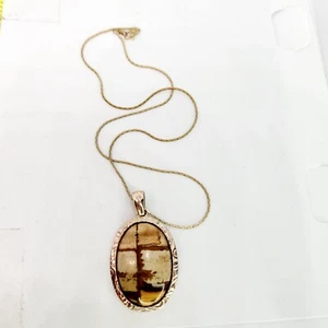 Vintage Picture Jasper Agate Large Cab Gold Tone Ornate Frame Pendant Necklace - Picture 1 of 6