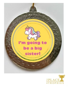 Big Sister Medal 70mm Unicorn Surprise Gift Announcement FREE engraving & UK P&P - Picture 1 of 4