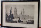 Antique Engraving River Thames London Houses Of Parliament Big Ben Shipping