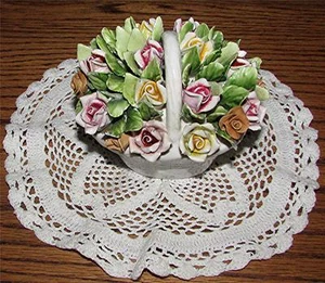 RARE LOVELY VTG. HAND-CRAFTED & PAINTED BONE CHINA BASKET OF PINK & YELLOW ROSES - Picture 1 of 7