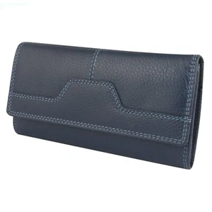 Mujer Damas RFID BLOQUEO Cuero Real Bolso Largo Cartera Azul Oscuro - Imagen 1 de 5