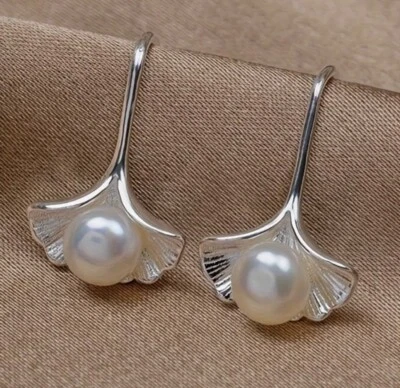 Ginkgo Leaf Pearl Earrings French Ginkgo Dangle Flower Silver Faux Floral - Image 1 of 4