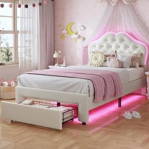 Twin Size Girl Bed with Storage Drawer & LED Lights, Upholstered Platform Bed... - Picture 1 of 8
