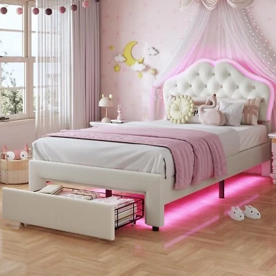 Cama de niña tamaño doble con cajón de almacenamiento y luces LED, cama plataforma tapizada... Foto 1 de 4