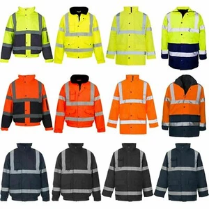 HI VIZ VIS JACKET HIGH VISIBILITY REFLECTIVE WATERPROOF WORKWEAR PADDED HOODED - Picture 1 of 21