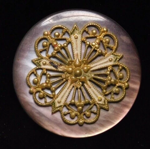 Antique Vtg Pearl Shell Button w/a Pierced Brass Escutcheon NICE Cover