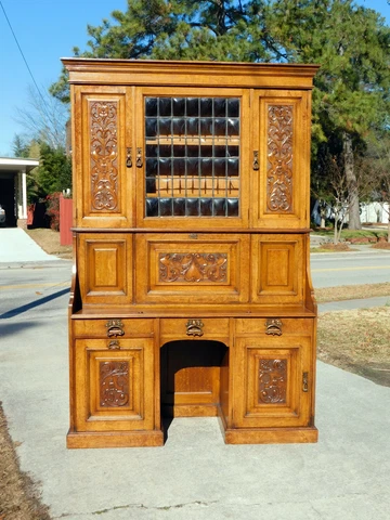 Fantastic Oak Drop Front Desk with Leaded Glass 1910 Cover