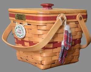 Vintage Longaberger '95 Cranberry Korb mit Deckel, Schutz, Weihnachten zum Binden, Stoffhandschuh - Bild 1 von 14