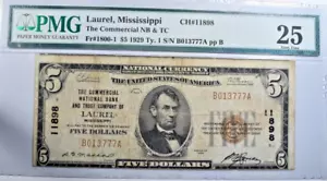 1929 $5 Laurel Mississippi Comm. NB & TC National Currency Ch. #11898 PMG VF25! - Picture 1 of 2