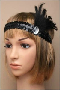 BLACK SEQUIN FEATHER HEADBAND 20s 1920s FANCY DRESS CHARLESTON BROW BAND FLAPPER - Picture 1 of 1