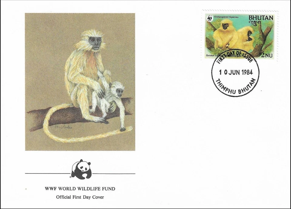Golden Lemur Monkey Gee's Golden Langur With Baby Bhutan FDC Cover 1984 - Image 1 of 1