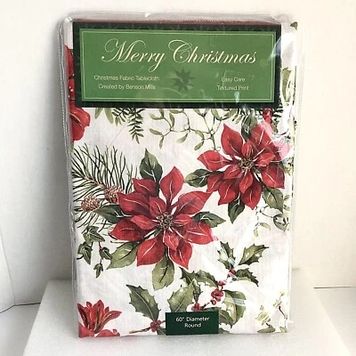 Benson Mills Fabric Merry Christmas Tablecloth 60 Inch Round 2008 New Poinsettia - Image 1 of 4