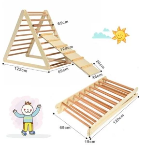Wooden Kids Climbing Triangle Ladder Training Climber w/ Ramp Natural - Picture 1 of 8