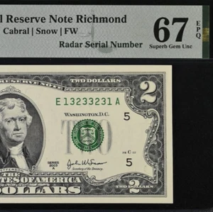 2003A $2 Federal Reserve Note PMG 67EPQ - Fancy Radar Serial Number 13233231 - Picture 1 of 3