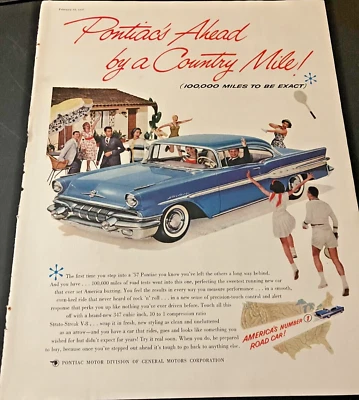 Pontiac 1957 azul cupé - anuncio impreso automotriz original vintage/arte de pared tenis Foto 1 de 4