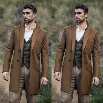 Khaki Wool Men Long Overcoat Wide Peak Lapel Winter Formal Men Long Jacket - Image 1 of 4
