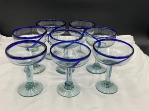 Bicchieri Margarita Artigianali Messicani Soffiati a Mano con Cerchi/Girevoli Blu Cobalto Set di 8 - Foto 1 di 17