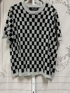 Rochelle Vintage Checkered Silver Glitter Designer Look Short Sleeve 1x Sweater - Picture 1 of 6