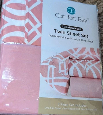 Comfort Bay Twin Size Sheet Set 3 Piece Set Pink/White NEW