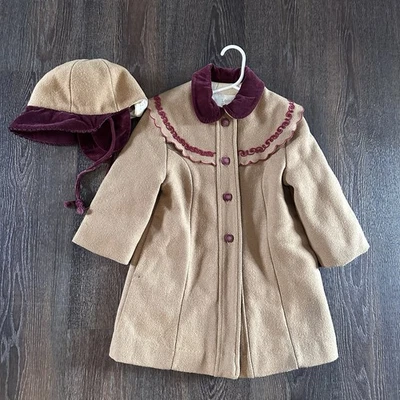 Conjunto de abrigo de lana vintage años 50 London Fog Girls talla 5 camel borgoña granate capó Foto 1 de 4