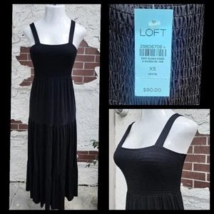 $90 XS PETITE Loft Black sleeveless strap knit smocked tiered long maxi dress - Picture 1 of 16