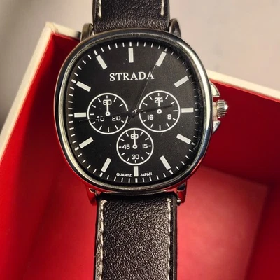 Reloj de cuarzo Strada NUEVO negro blanco correa de goma caja plateada esfera militar Foto 1 de 4