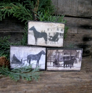 3 Tiny Covered Canvas Old Photo Prints Sleigh Rides - Picture 1 of 8