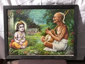 Vintage Old Hindu Temple Religious Print Guru Teaching Kid Lord Krishna A-97 - Foto 1 di 7