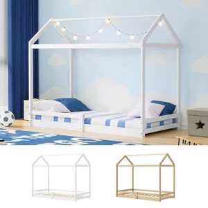 Oikiture Kids Wooden Bed Frame House Beds Base Timber Fence Single White Beige - Picture 1 of 20