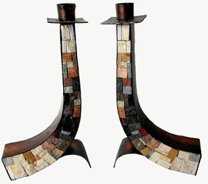 EILON MOSAICS ISREAL 2 Copper and Stone Sabbath Candle Sticks 10 1/2" Vintage - Picture 1 of 8