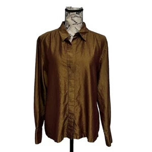 Vtg Y2k Retro Express Bronze Metallic Satin Silk Blouse SZ 13/14 L Fairy Forest - Picture 1 of 9