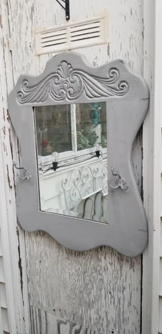 ANTIQUE OAK 40s Wood  WOODEN HALL TREE wall gray coat rack beveled MIRROR  farm Cover