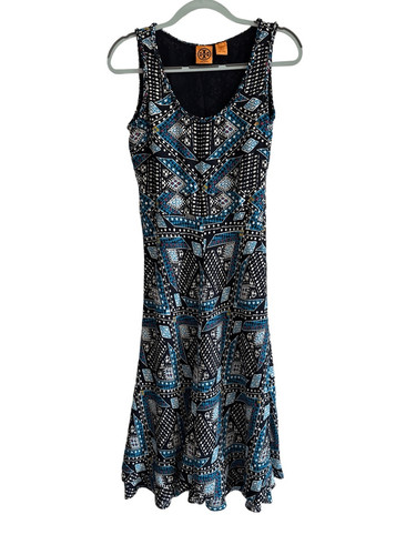 Abito Tory Burch Camilla Dasha in seta con stampa blu e nera taglia 4
