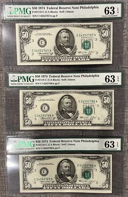 1974 $50 FIFTY DOLLAR BILL PMG 63 EPQ CHOICE UNCIRCULATED 3 CONSECUTIVE AVAILABL - Image 1 of 4