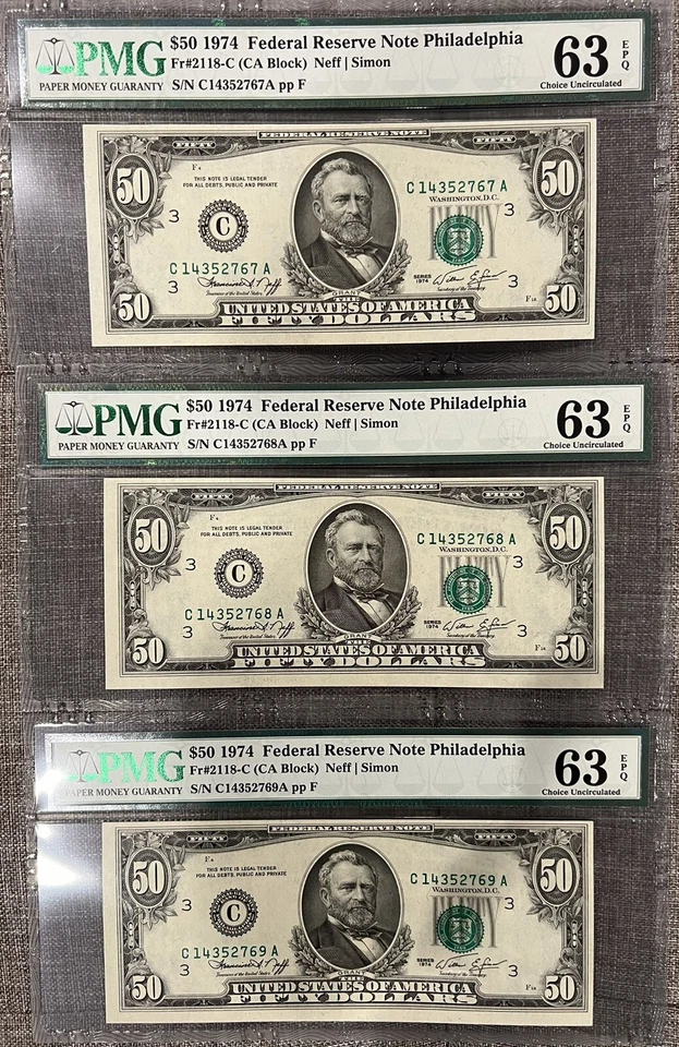 1974 $50 FIFTY DOLLAR BILL PMG 63 EPQ CHOICE UNCIRCULATED 3 CONSECUTIVE AVAILABL - Image 1 of 4