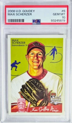 Tarjeta de novato Max Scherzer 2008 Upper Deck Goudey #6 RC PSA 10 gemas como nueva Rangers Foto 1 de 2