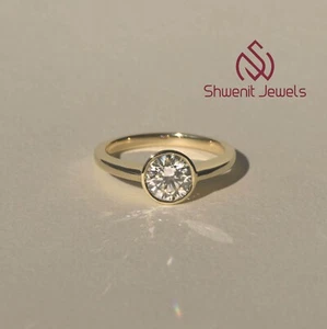 1.00 Ct Round Cut Lab Grown Diamond 10K Yellow Gold Wedding Ring - Bezel Setting - Picture 1 of 13