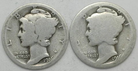 1916-P-S Winged Liberty Mercury Silver dime mint year set 2 coins (D is pricey) Cover