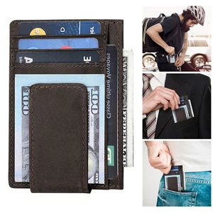 Men Leather Money Clip Slim Front Pocket Wallet Magnetic ID Credit Card Holder - Picture 1 of 7