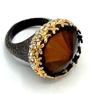 Alexis Bittar Gunmetal & Goldtone Ring w/Cone Cut Smoky Quartz & Crystals Size 7 - Image 1 of 4