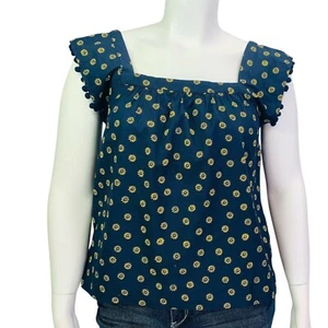 NEW J.Crew Womens Printed Square Neck Top Cotton Poplin Pom-Poms Flower Size 12 - Picture 1 of 11