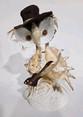 Vintage Sea Shell Owl Figurine with Felt Hat & Wooden Guitar 8" Signed on Bottom - Image 1 of 4