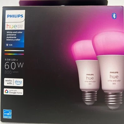 Philips Hue Blanco y Color, Paquete de 2, A19, Bombilla Inteligente LED 60W -S/H GRATIS - Usada Foto 1 de 3