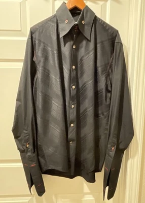 Camisa de vestir Angelino para hombre talla 18 negra manga larga puños franceses puntada roja leer Foto 1 de 4