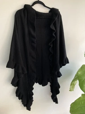 Pure CASHMERE Zjoosh X-Large Triangular Ruffled Wrap Shawl Scarf In Black - Image 1 of 4