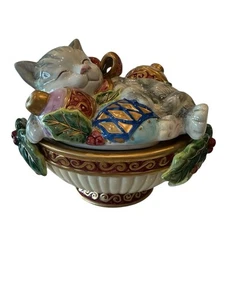 FITZ FLOYD Weihnachten Kätzchen Katze Kätzchen Ornament Deckeldose Schale Weihnachten 5,75" - Bild 1 von 11